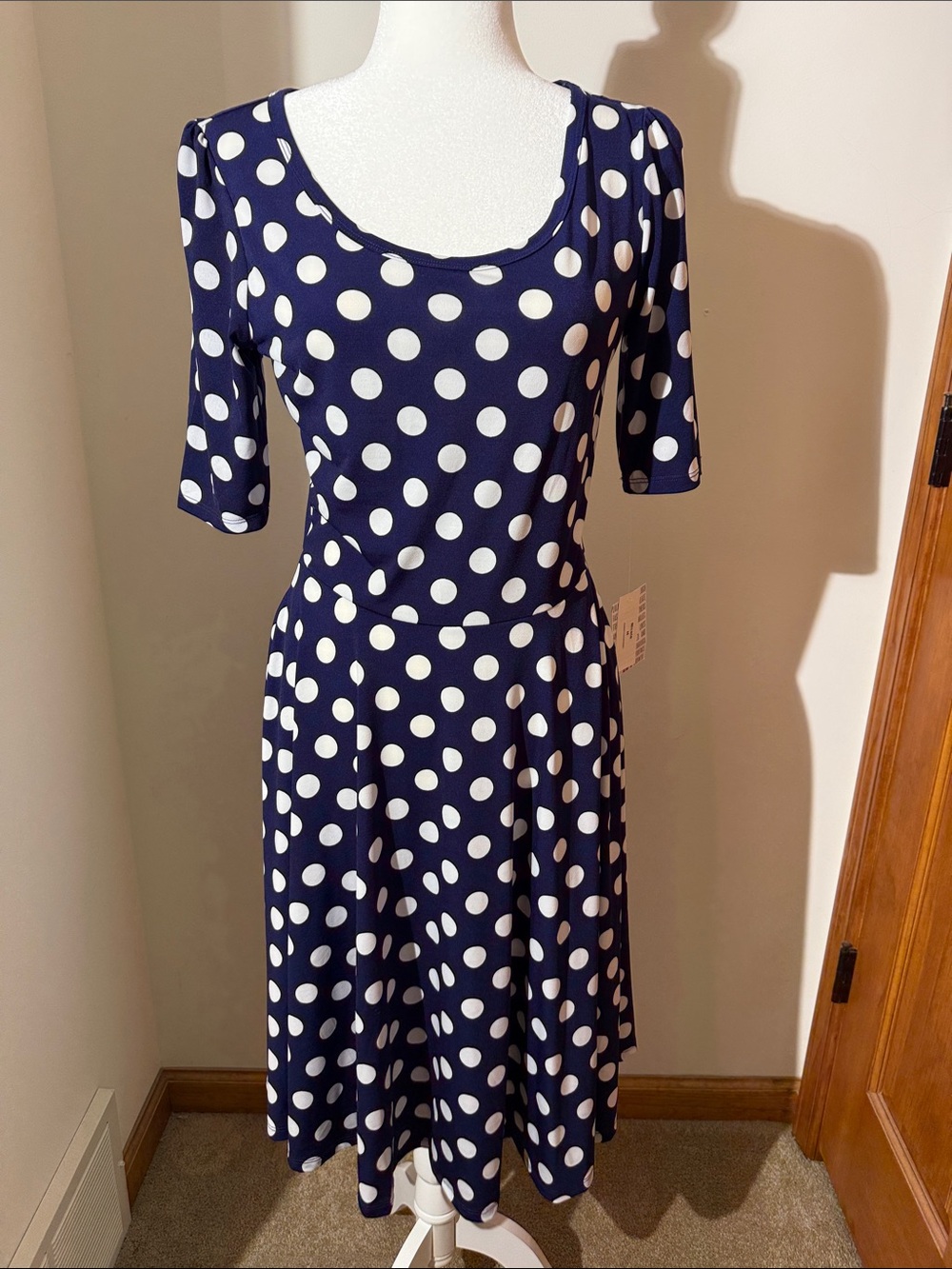 LuLaRoe Navy Blue Dress with White Polka Dots